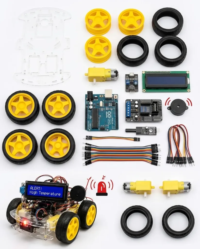 Safty Alert Car, No Programming | Temperature Detection, Automatic Alert System, 4-Wheel Drive, LCD Display, STEM Learning